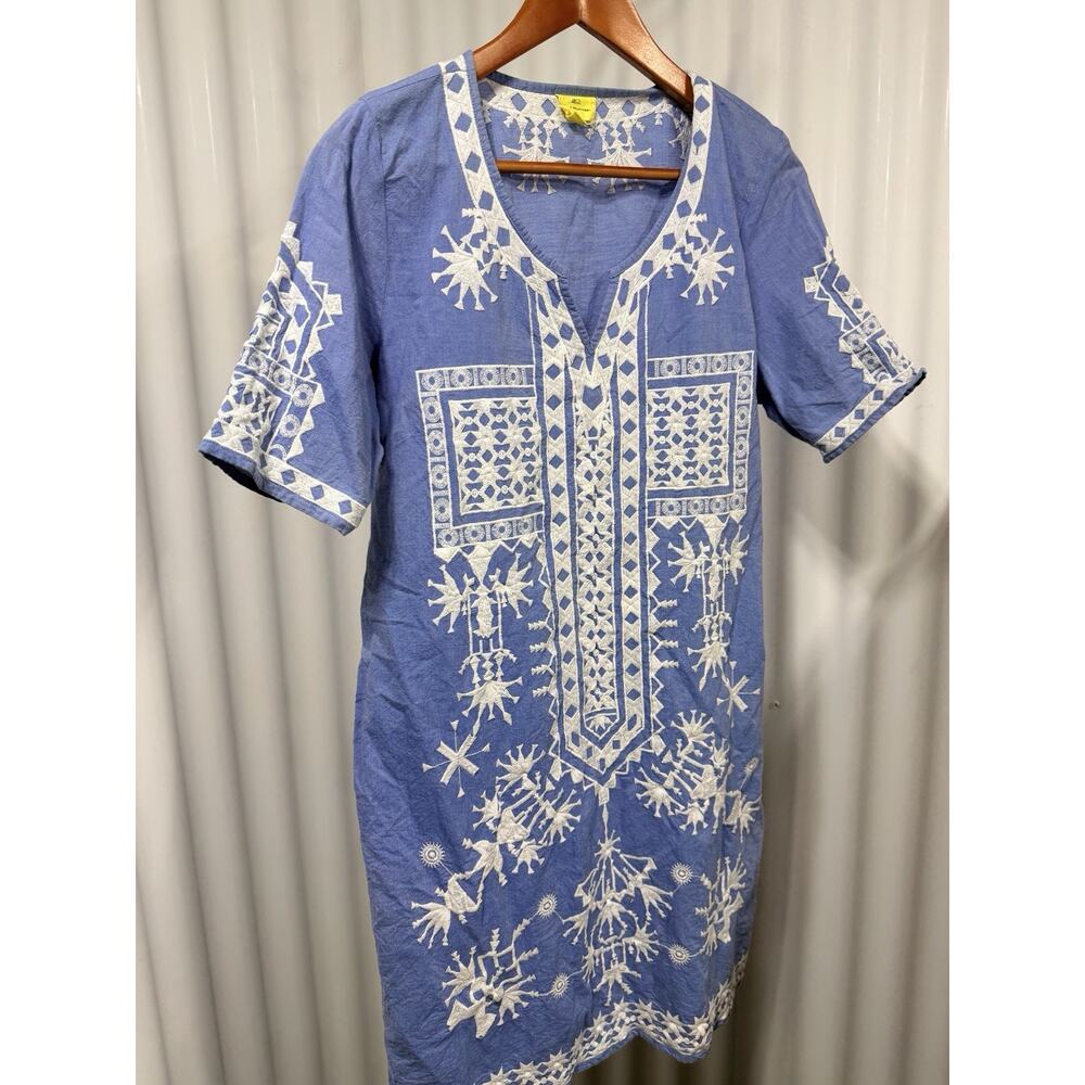 Roberta Roller Rabbit Kurta Dress Sz L Blue White Star Embroidered Modern Craft - Picture 11 of 11